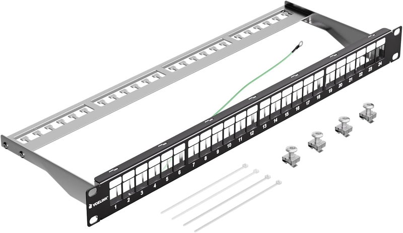 VCELINK 24-Port All Metal Blank Keystone Shielded Patch Panel, 1U Rackmount Housing with Cable Management Bar and Ground Wire, Compatible with RJ45, HDMI, and Blank Keystone, 19 Inch - Image 1